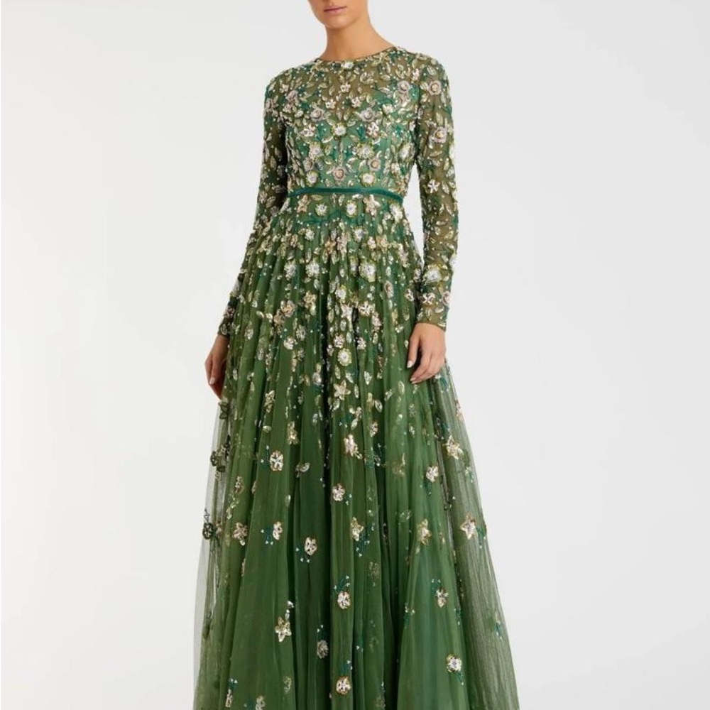 Mac Duggal Green Floral Long Sleeve Gown